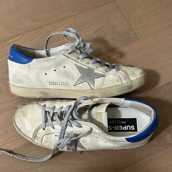 Golden Goose White Sneakers with Silver Star and Blue Accents display picture 2